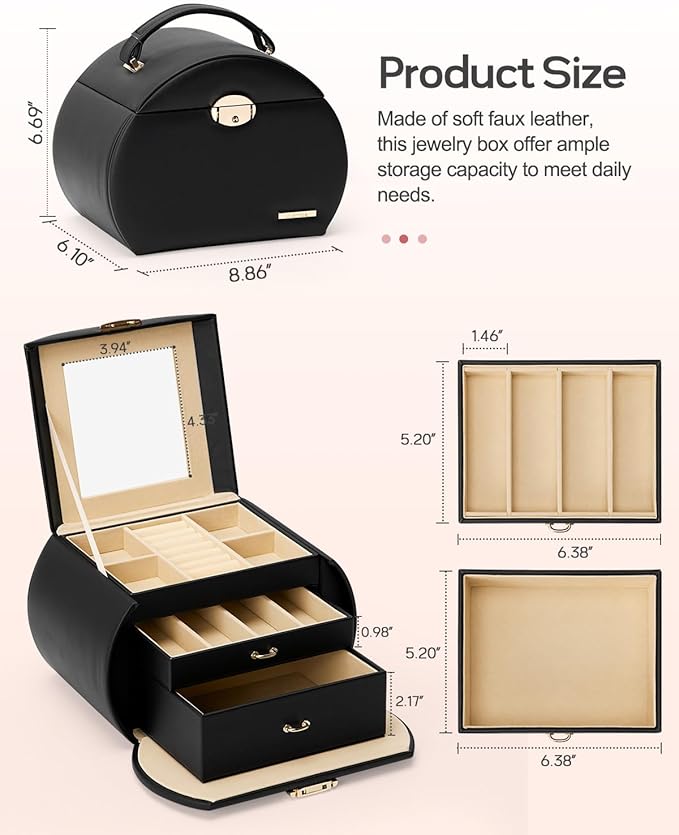 Homde Girls Jewelry Box Jewelry Storage Case Organizer with Mirror for Rings, Earrings, Bracelets, Necklaces (Black + Gold)