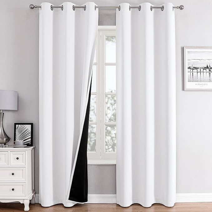 ChrisDowa 100% Blackout Curtains 84 inch Long for Bedroom with Black Liner, 2 Thick Layers Total Blackout Thermal Insulated Grommet Window Curtains 2 Panels Set (Pure White, 38 x 84 Inch)