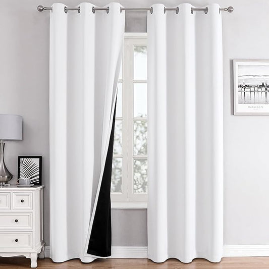 ChrisDowa 100% Blackout Curtains 72 inch Long for Bedroom with Black Liner, 2 Thick Layers Total Blackout Thermal Insulated Grommet Window Curtains 2 Panels Set (Pure White, 42 x 72 Inch)