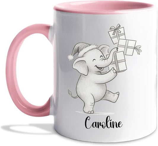 Cute Elephant Coffee Cup With Name, Personalized Elephant Lover Coffee Mug Gift For Men Women Kids Children, Awesome Animal White Ceramic Teacup 11 Oz 15 Oz, Custom Name Elephants Accent Coffee Mug