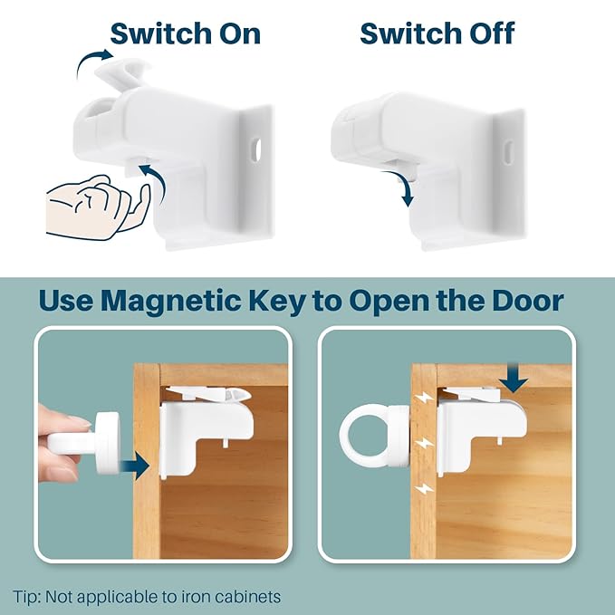 Inaya Magnetic Cabinet Locks for Baby Proofing, 6 Locks & 1 Key, Child Proof Magnet Locks for Cabinets & Drawers with Invisible Design, 3M Adhesive for Easy Installation - No Drill & Tools Needed