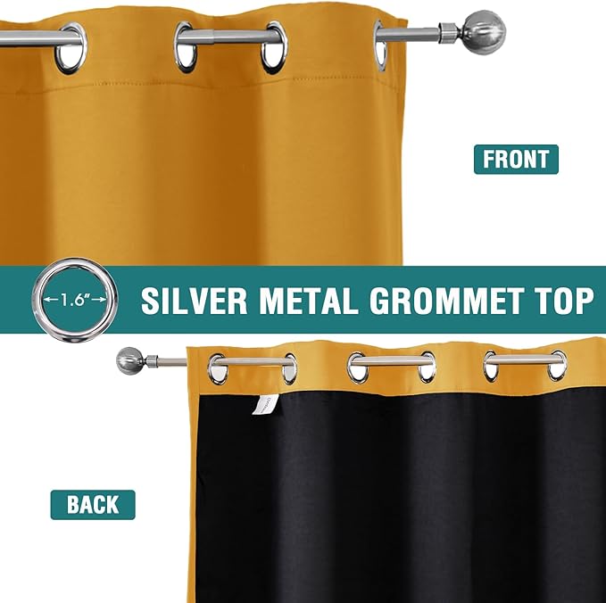 ChrisDowa 100% Blackout Curtains for Bedroom with Black Liner, 2 Thick Layers Total Blackout Thermal Insulated Grommet Window Curtains 2 Panels Set (Mustard Yellow, 52 x 63 Inch)