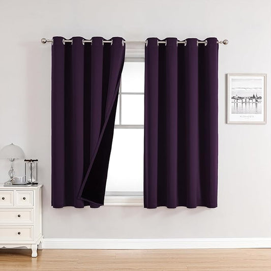 ChrisDowa 100% Blackout Curtains for Bedroom with Black Liner, 2 Thick Layers Total Blackout Thermal Insulated Grommet Window Curtains 2 Panels Set (Royal Purple, 52 x 54 Inch)