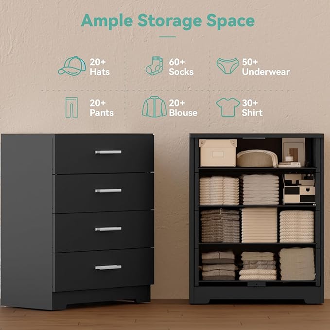Dresser with Power Outlets Wooden 4 Drawer Dresser with USB and Type C Port Chest of Drawers for Bedroom Tall Black Organizer Storage for Living Room Hallway Closet