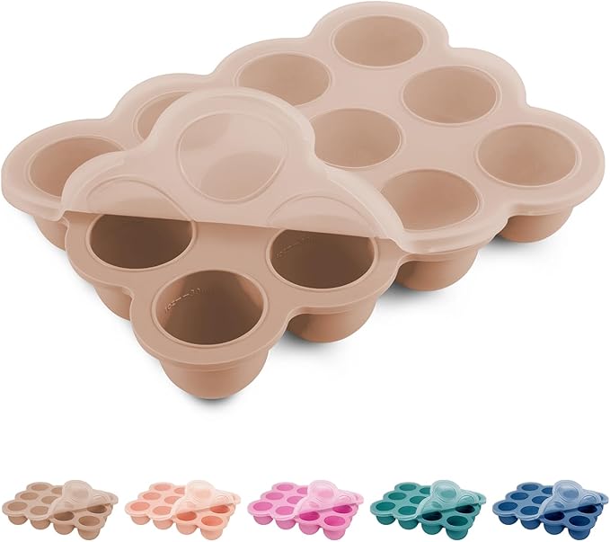 Baby Food Storage 12 x 1.5OZ Silicone Freezer Tray with Lid, Food Grade Silicone Containers for Purees & Vegetables Light Brown