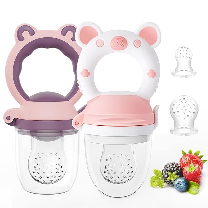 Baby Solids/Frozen Fruit Feeder Pacifier, Infant Teether Toy 4M+, BPA-Free Silicone Pouch & Nipple, Safely Introduce Solids, Teething Relief, 2-Pack (Bear - Purple Pink White, S/M/L)