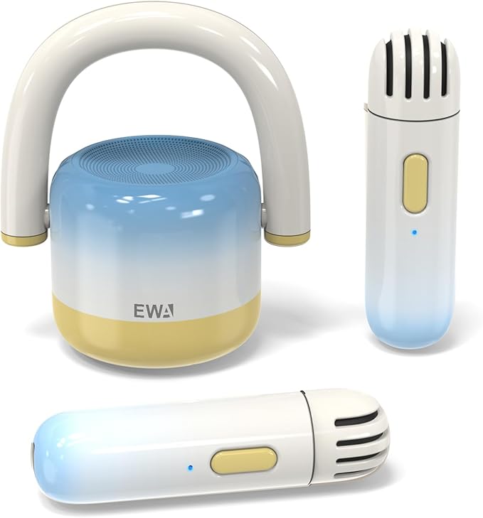 EWA Portable Mini Metal Karaoke Machine, Bluetooth Karaoke Speaker with 2 Wireless Microphones, Ideal Gifts for Girls Boys Family Home Party Birthday Christmas Toys Gifts-(Blue)