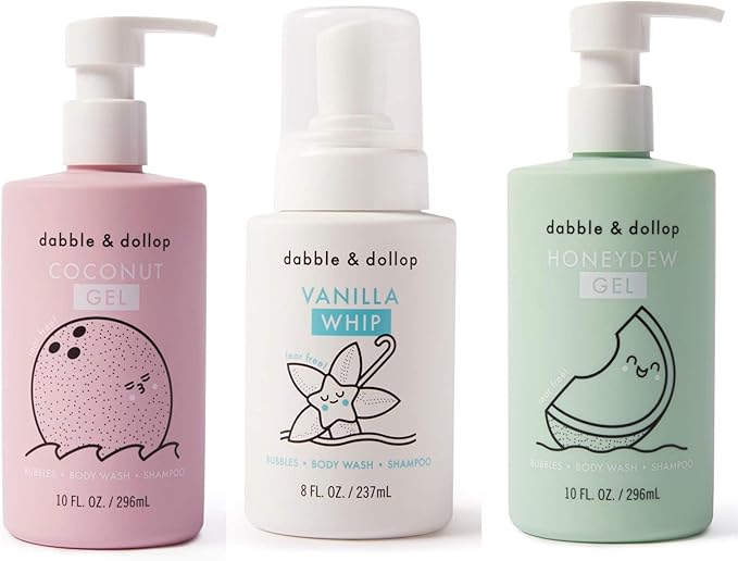 Dabble & Dollop Beachy Bundle, Natural Bubble Bath, Body Wash, Shampoo for Kids, USA-Made, Paraben & Sulfate Free, Vegan, Gluten-Free, Tear-Free, Honeydew Melon, Vanilla & Coconut (Set of 3)
