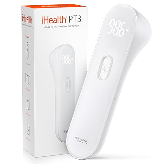 iHealth No-Touch Forehead Thermometer for Adults, Kids, Babies - 1s Fast Accurate, 3 Ultra-Sensitive Sensors, Quiet Vibration Feedback, Digital Large LED Digits, Easy to Use for Home & Nurses, PT3