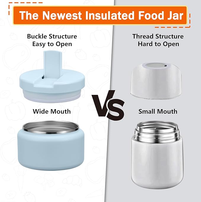 13.5oz Kids Thermos for Hot Food, Insulated Vacuum Food Jar with Buckle Lid, Stainless Steel Wide Mouth Leak Proof Insulated Lunch Container for School Picnic Travel, Blue