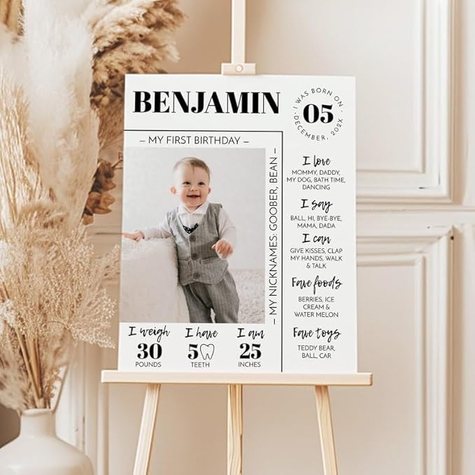 Generic Personalized First Birthday Milestone Poster, Modern 1St Birthday Milestone Sign, One Year Photo Baby Milestone Board, Design 012