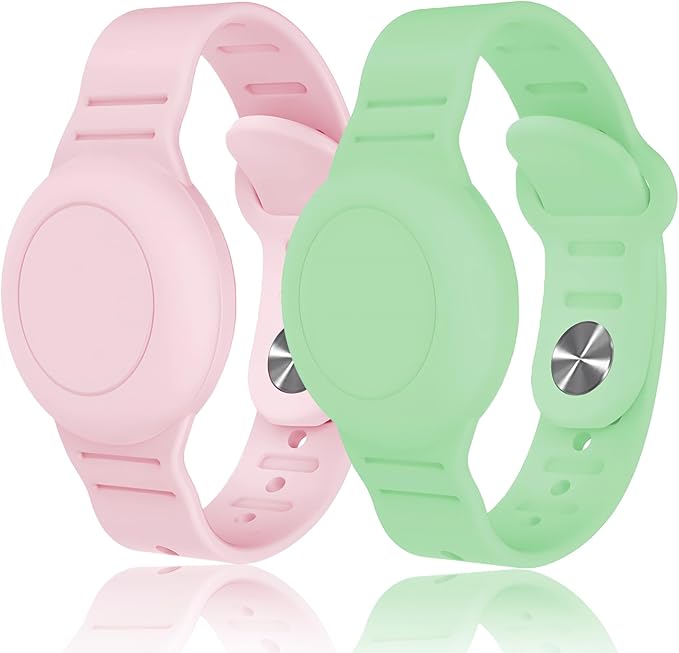 Kids Waterproof Airtag Bracelet Compatible with Apple AirTag, Hidden Silicon Protective Case for Air Tag GPS Tracker Holder, Adjustable Anti-Lost Watch Band for Toddler Child (Pink & Green)