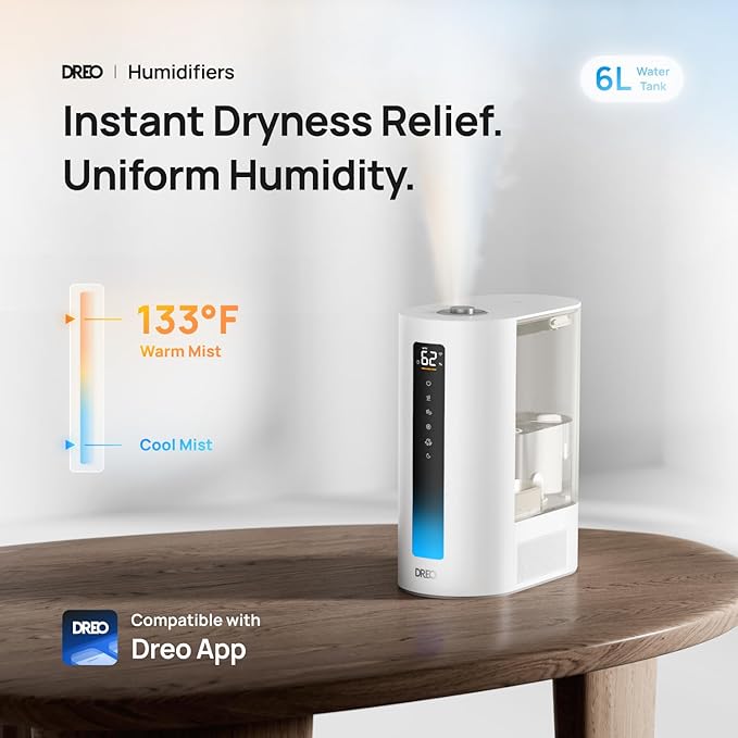 Dreo 6L Humidifiers for Bedroom, Smart Warm & Cool Mist for Large Room, 60Hr Quiet Runtime for Baby, Plant, Humidity Sensor, Indicator Light, 12H Timer, Google/Alexa, White