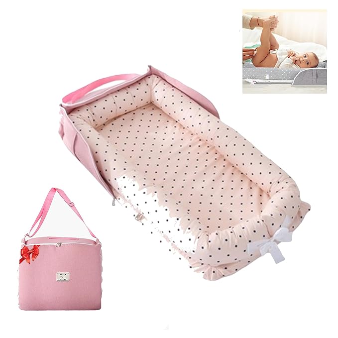 Baby Lounger for Newborn Portable Bag,Baby Nest Play Gym mat with Strap,Newborn Lounger Adjustable Size & Inner Zipper Lengthen Space to 24 Months(Pink Polka Dots)