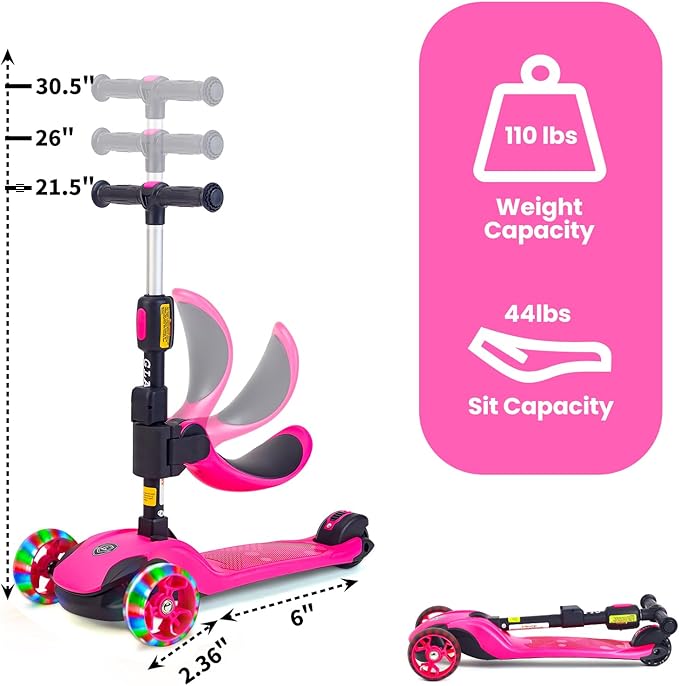 GLAMUP Kids Scooter, 2-in-1 Folding Kick Scooters, Adjustable Height, Safety Lock, 3 Wheel Kick Scooter for Boys and Girls Ages 3-14