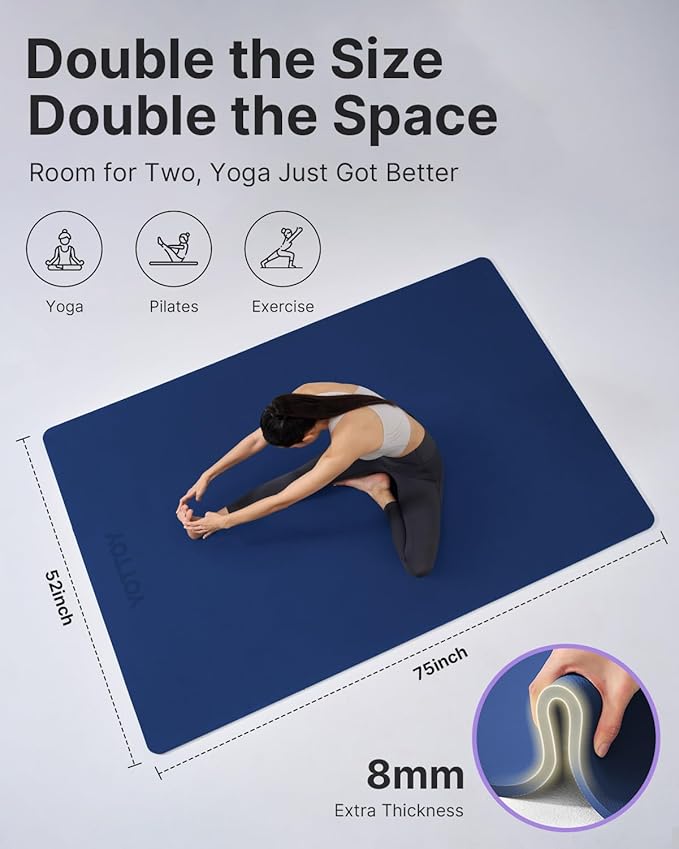YOTTOY Large Yoga Mat (75 * 52 * 1/2inch),Extra Wide TPE Exercise Mat,Non-Slip Workout Mat for Pilates, Fitness, Barefoot, Home Gym Studio with Strap and Towel