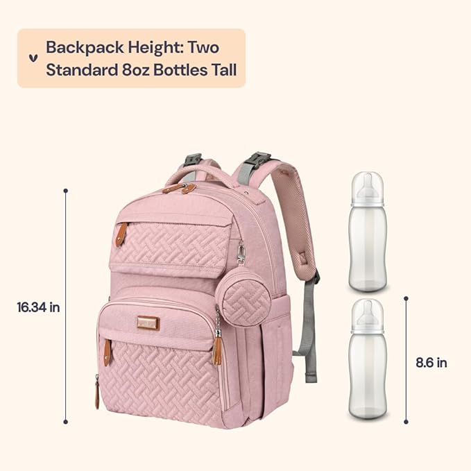 BabbleRoo Diaper Bag Backpack, Travel Backpack with Changing Pad, Pacifier Case & Stroller Straps, Multifunction, Waterproof, Unisex – Pink
