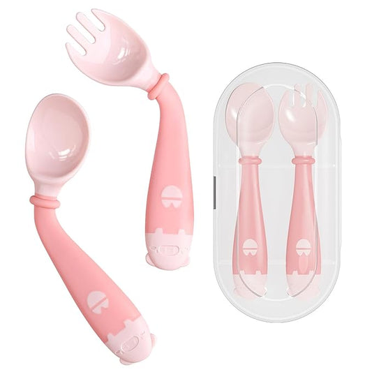 Deejoy Toddler Utensils with Travel Case, Baby Spoons and Forks Set for Self Feeding, Silicone Bendable Handle, Easy Grip Heat-Resistant, Self-feeding Flatware Sets for Kids (Stage 2) Pink