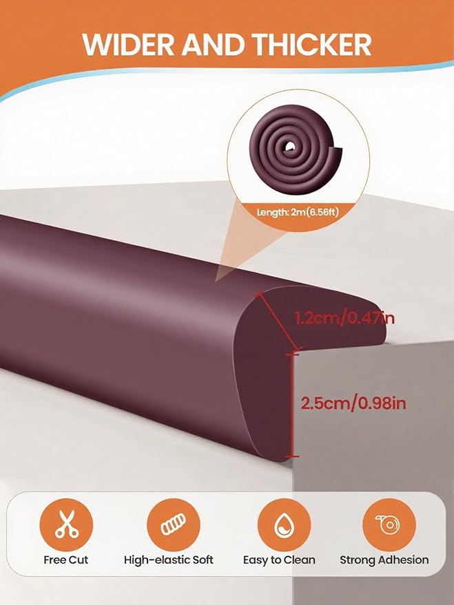 Baby Proof Edge Corner Protector, 6.56FT 0.47''Th L-Shape Furniture Corner & Edge Safety Bumpers with 6 Corners, Pre-Taped, Soft NBR Rubber Foam Desk Edge Cushion Wall Corner Protector（Brown）