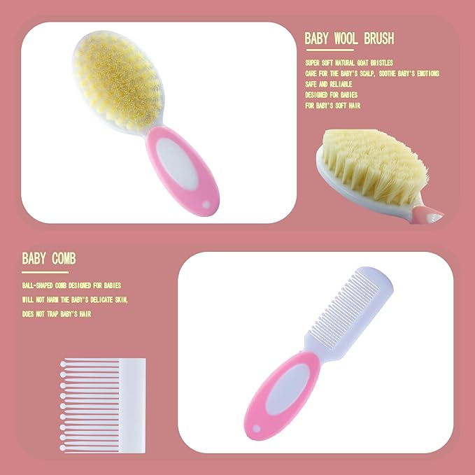 Baby Grooming Kit, Baby Essentials for Newborns, Portable Baby Care Kit, Contains Baby Nail Clippers, Baby Comb, Baby Brush, Baby Ear Wax Removal Tool and More (10 in 1) (Pink)