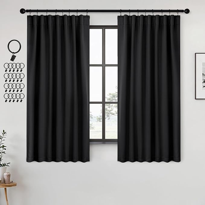 ANRODUO Back Tab Blackout Curtains for Bedroom Living Room, Rod Pocket Pinch Pleated Thermal Insulated Room Darkening Curtains 72 Inches Long 2 Panels, Black, 42 x 72 Inch