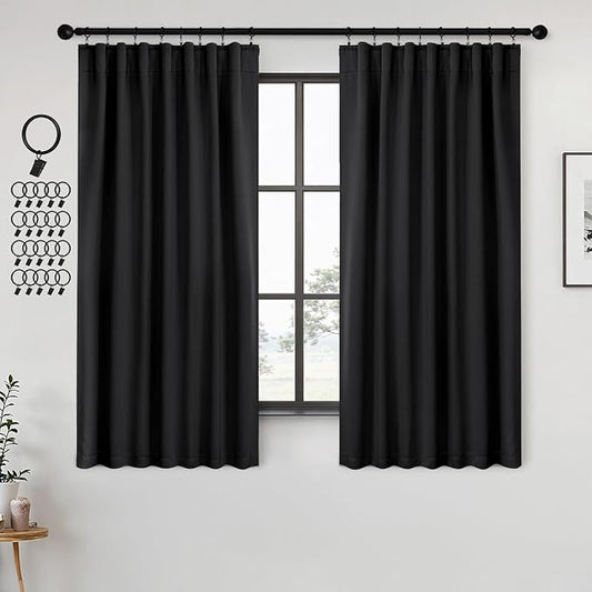 ANRODUO Back Tab Blackout Curtains for Bedroom Living Room, Rod Pocket Pinch Pleated Thermal Insulated Room Darkening Curtains 63 Inches Long 2 Panels, Black, 42 x 63 Inch