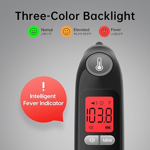 Ear Thermometer, Highly Accurate Ear Thermometer for Kids, Adults and Babies, 30 Memory Recall, 1s Result and 3-Color Fever Alert, with 24 Disposable Probe Covers, Black