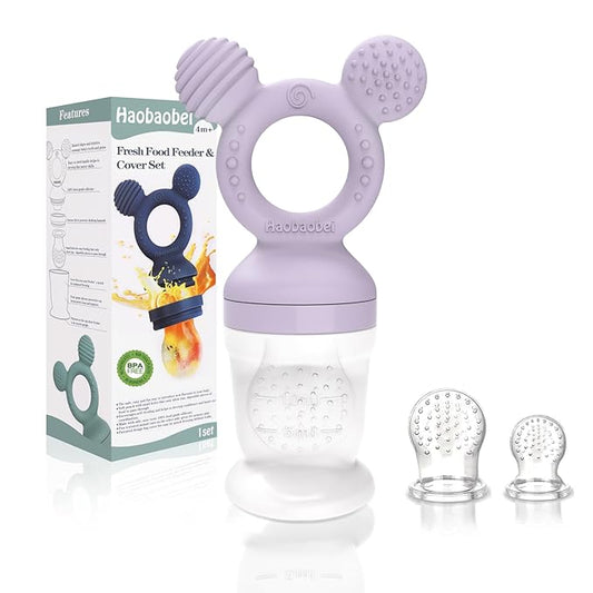 Baby Fruit Feeder, Frozen Teething Toys for Babies, Teether Pacifier with 3 Extra Teats, Eating Essentials, BPA Free Baby Feeding Supplies (Lavender)