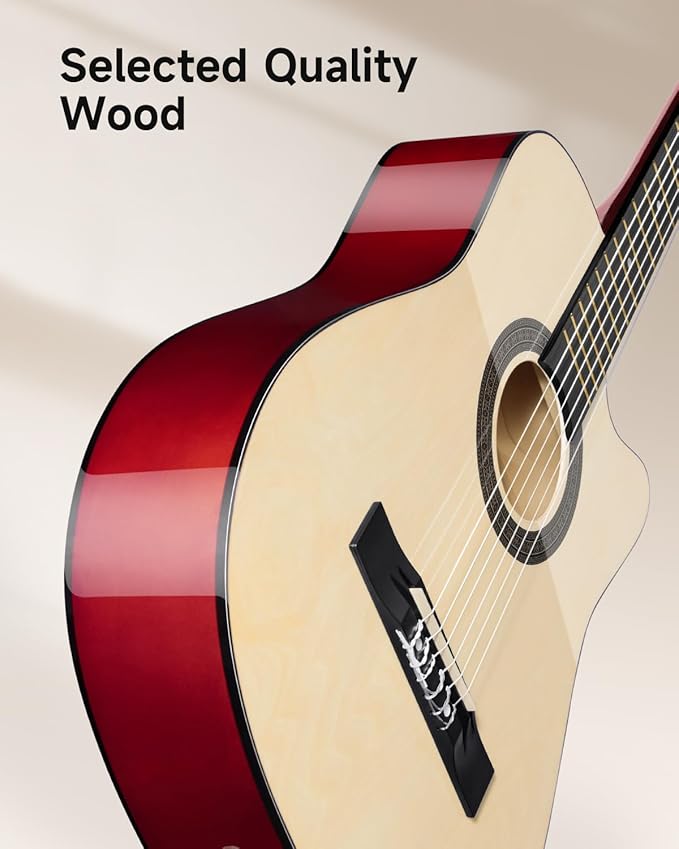 Moukey 38" Acoustic Guitar for Beginners Kids Youth Adult Cutaway Guitarra Acustica Kit with Chord Poster, Gig Bag, Tuner, Picks, Nylon Strings, Capo, Strap - Natural