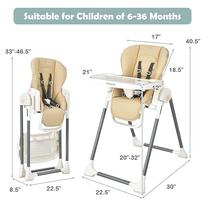 BABY JOY High Chair for Babies & Toddlers, Foldable High Chair w/Adjustable Height/Backrest/Footrest, Double Removable Tray, Book Holder & Storage Bag, Highchair for 6-36 Months Girls Boys (Beige)