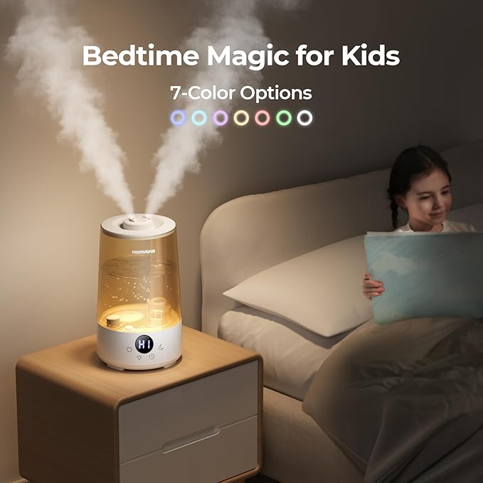 Homvana Humidifiers for Bedroom Home, 3.6 L Cool Mist Top-Fill 34H Super Long Time, Quiet 23dB, Baby Humidifier, Oil Diffuser for Large Room, Plants, Nursery, Office BPA FREE, 7 Color Light Ultrasonic