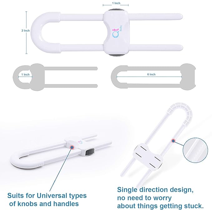 Pack of 12 - Baby Proofing Cabinet Locks Adjustable U Shaped Baby Safety Latches for Drawers, Fridge, Closet Modern Baby Proofing Cabinet Lock with Extra Secure Lock Buttons (White)