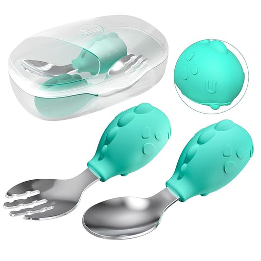 Deejoy Toddler Utensils - Stainless Steel Spoons and Forks, Kids Silverware Self Feeding Flatware Set with Travel Safe Case (Green)