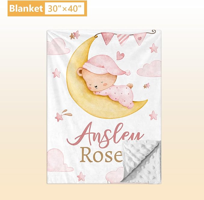 Custom Crib Bedding Set, 5 Pcs Customized Baby Crib Set with Name, Soft Double Layer Nursery Baby Bedding Set for Girls Boys, Personalized for Infants Toddlers, Pink Moon Bear