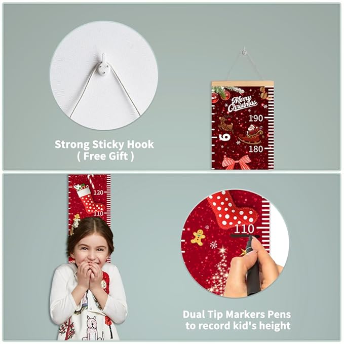 Christmas Baby Growth Chart for Wall, Height Chart for Kids, Xmas Kids Nursery Decor, Hanging Ruler Wall Decor, Kids Room Decor, Holiday Gifts for Boys Girls Toddlers - 76.7 x 7.9in with Black Wood