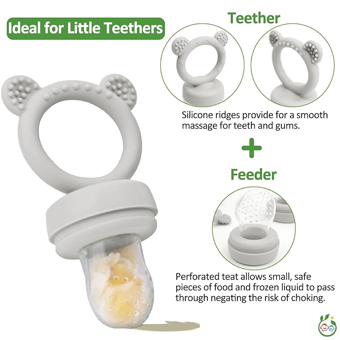 JEXFUN Baby Fruit Food Feeder & Mini Freezer Nibble Tray Combo, Breastmilk Popsicle Molds for Baby Cooling Relief, BPA Free Silicone Feeder for Safe Infant Self Feeding, 4 Month+ (Light Grey)