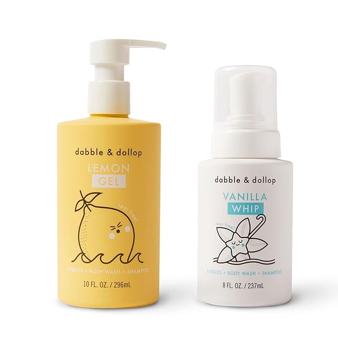 Dabble & Dollop Lemon + Vanilla Body Wash & Shampoo – 3-in-1 Natural Bubble Bath for Kids, Made in USA, No Parabens or Sulfates, Vegan, Gluten-Free, Tear-Free (2-Pack)