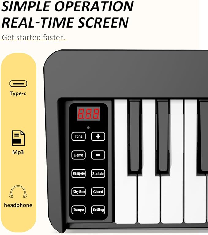 Finger Dance 61 Key Folding Piano Keyboard, Upgrand Imitation Wood Texture Keyboard Portable Piano, Bluetooth & MIDI, Foldable Keyboard Piano for Beginner - Deep Black