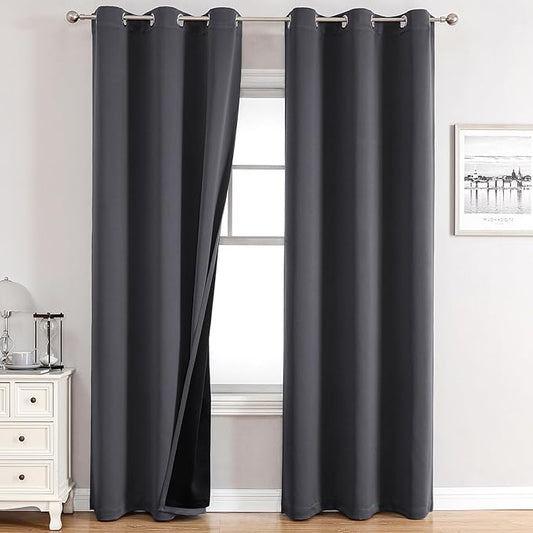 ChrisDowa 100% Blackout Curtains 72 inch Long for Bedroom with Black Liner, 2 Thick Layers Total Blackout Thermal Insulated Grommet Window Curtains 2 Panels Set (Dark Grey, 42 x 72 Inch)