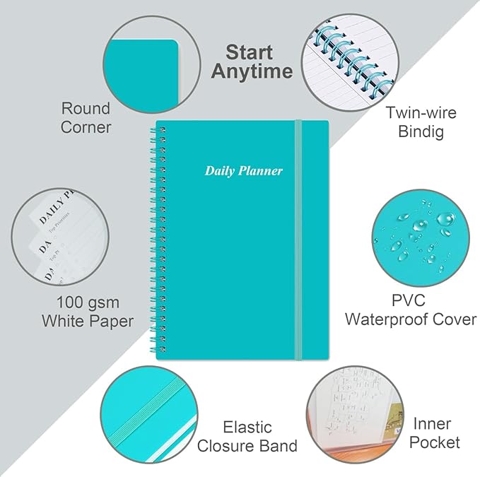 Daily Planner Undated - B5 To Do List Notebook Hourly Schedules, Spiral Appointment Planner for Women and Men, PVC Hardcover, Inner Pocket, Elastic Closure, 7" x 10", Teal