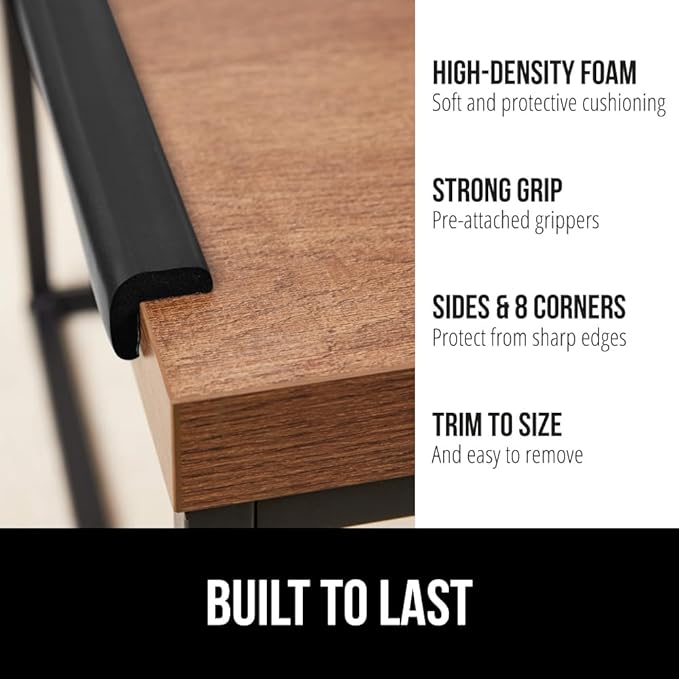 GORILLA GRIP Baby Proof Corners and Edges for Furniture, Kid Proofing Adhesive Table Corner Protectors, Heavy Duty Soft Rubber Foam Protection, Includes 8 Protective Safety Guards, 15 Feet, Black
