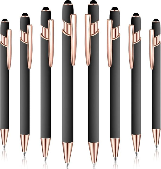 8 Pieces Ballpoint Pen with Stylus Tip Black Ink 2 in 1 Stylus Metal 1.0 mm Medium Point Smooth Pen Rainbow Colorful Rubberized Ballpoint for Touch Screen Tablet(Gray)