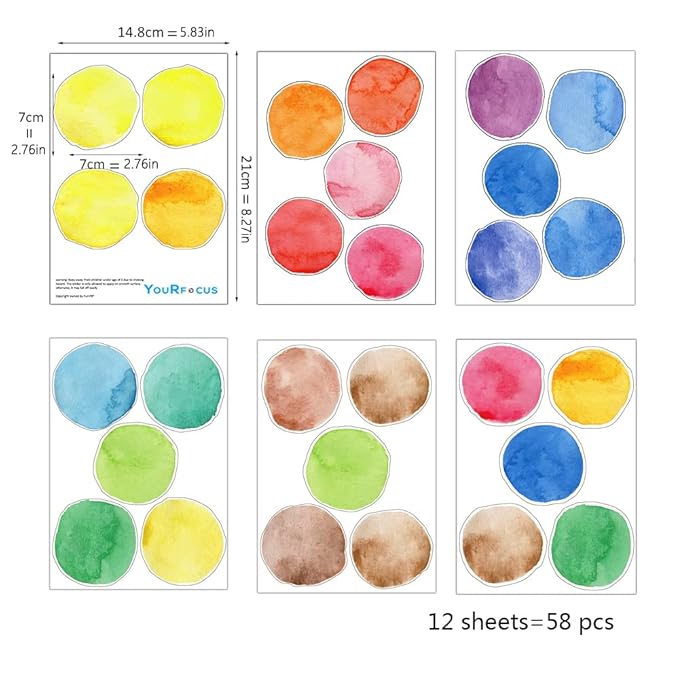 Colorful Polka Dot Wall Decals Watercolor Dots Wall Sticker for Kids Baby Girls Teens and Nursery Room (12 Sheets)