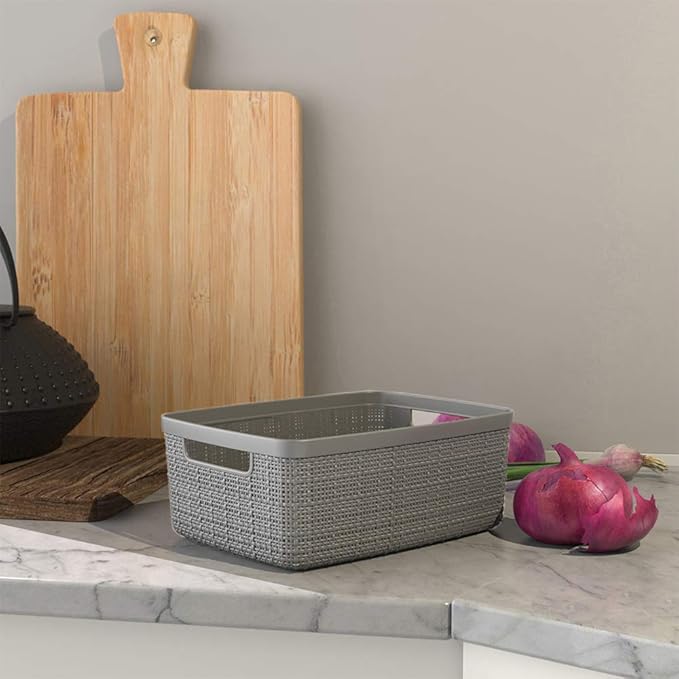 Curver Jute Decorative Plastic Organization and Storage Basket Perfect Bins for Home Office, Closet Shelves, Kitchen Pantry and All Bedroom Essentials, Small, Grey, Set of 8