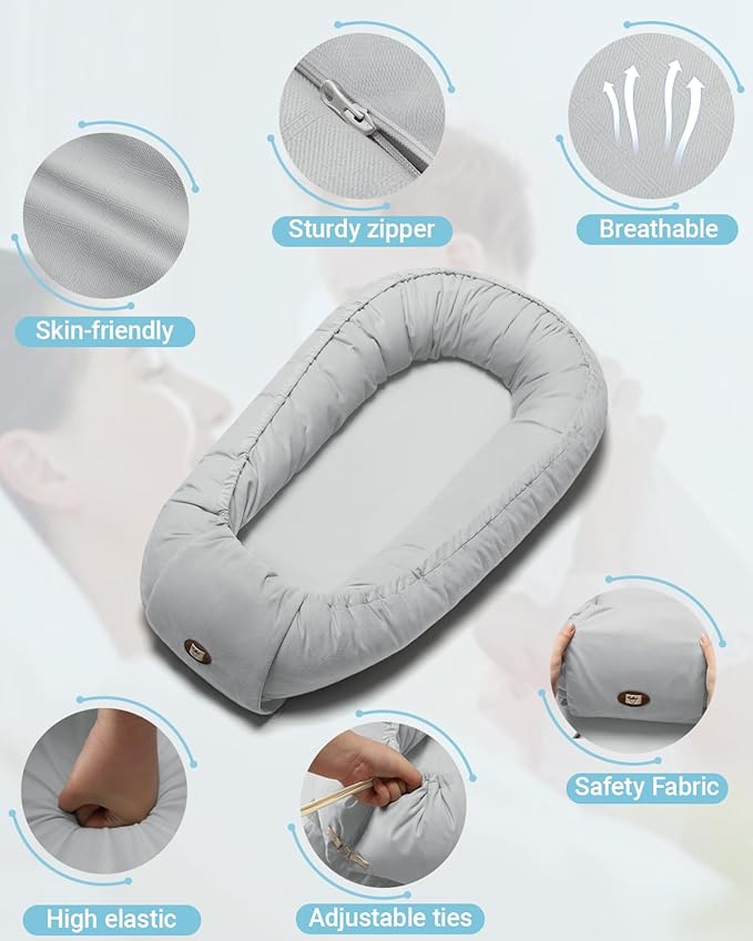 Baby Lounger for Newborn 0-24 Months, Breathable & Soft Infant Lounger, Adjustable Tummy Time Lounger for Home and Travel, Baby Girls & Boys Newborn Babies Essentials Stuff, Grey