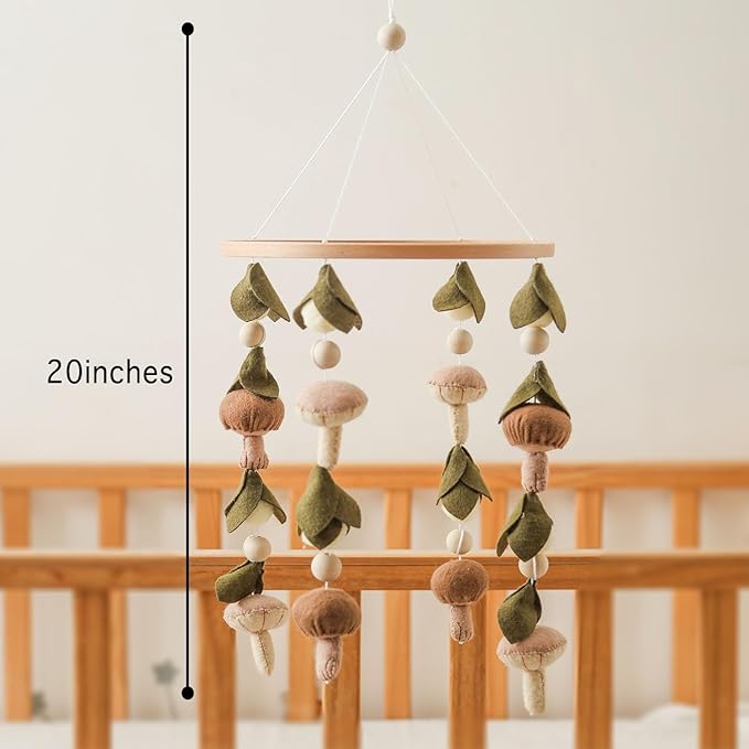 Baby Mobile for Crib,Crib Mobile for Boys Girls, Soft Crib Toys Hanging，Baby Mobile for Bassinet，Boho Nursery Decor Neutral（Mushroom，Leaves,Cotton）