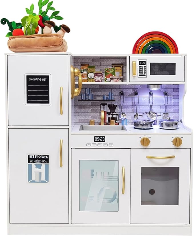 Wooden Play Kitchen Toy Set with Light, Kids Children Pretend Toy Kitchen Playset, Sink with Faucet, Oven, Microwave, Kitchenware Set Accessories for Ages 3-8 Girls Boys