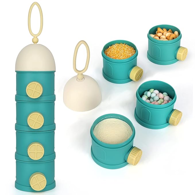 Accmor Formula Dispenser On The Go, 4 Layers Stackable Formula Container to Go, Non-Spill Portable Milk Powder Baby & Kids Snack Container, Green Pink