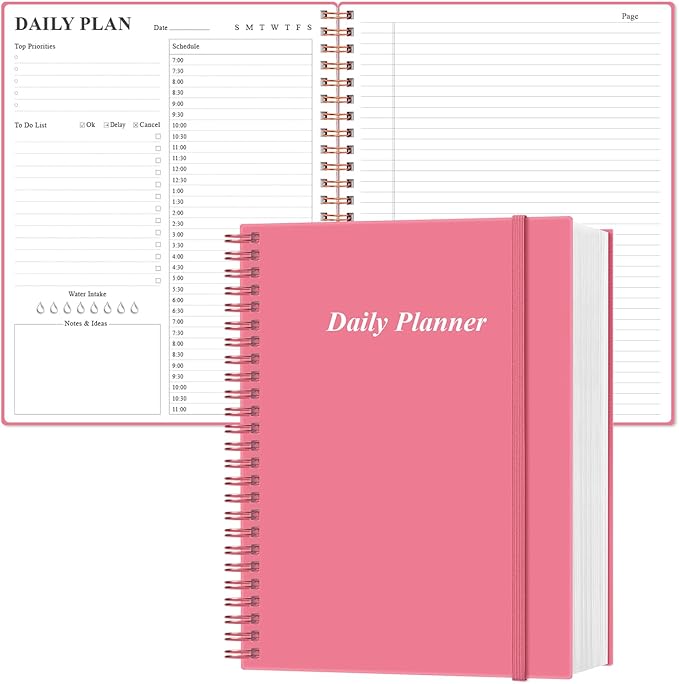 Daily Planner Undated - A4 To Do List Notebook Hourly Schedules, Spiral Appointment Planner for Women and Men,PVC Hardcover, Inner Pocket, Elastic Closure, 8.5" x 11", Pink