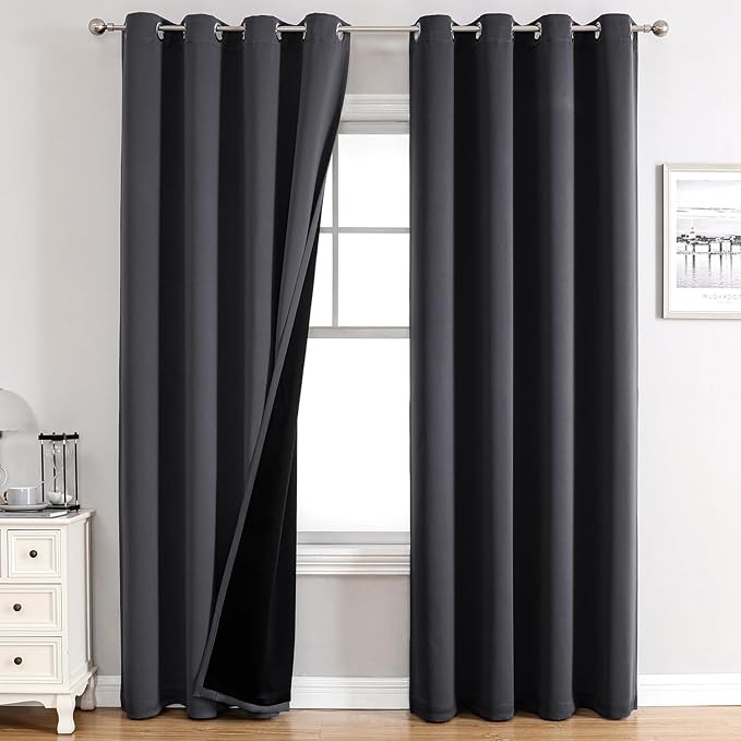 ChrisDowa 100% Blackout Curtains for Bedroom with Black Liner, 2 Thick Layers Total Blackout Thermal Insulated Grommet Window Curtains 84 Inch Long 2 Panels Set (Dark Grey, 52 x 84 Inch)